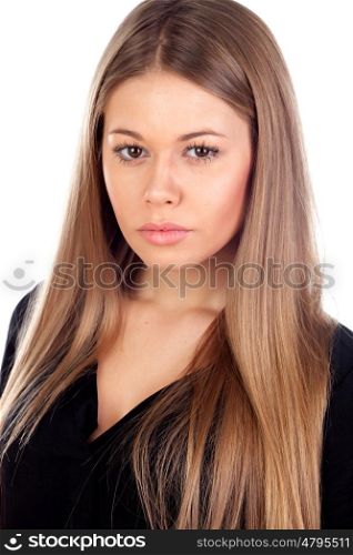 Beautiful fashion girl with straight long blonde hair isolated on a white background