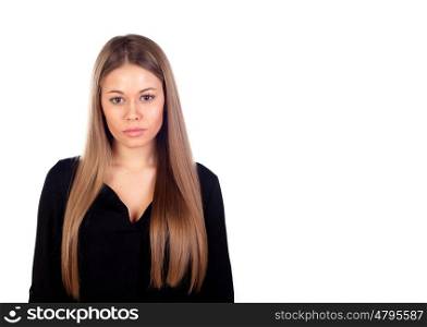 Beautiful fashion girl with straight long blonde hair isolated on a white background