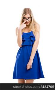Beautiful fashion woman in blue dress using nerd glasses, isolated over white background