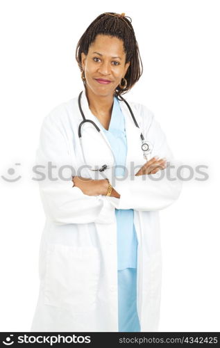 Beautiful female african-american doctor, isolated on white.