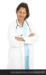 Beautiful female african-american doctor, isolated on white.