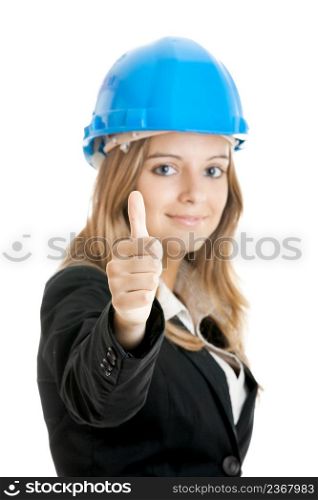 Beautiful female architect with thumbs up isolated on white - Focus is on the Hand