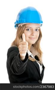 Beautiful female architect with thumbs up isolated on white - Focus is on the Hand
