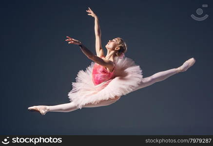 Beautiful female ballet dancer on a grey background. Ballerina is wearing pink tutu and pointe shoes. Beautiful female ballet dancer on a grey background. Ballerina is wearing pink tutu and pointe shoes.