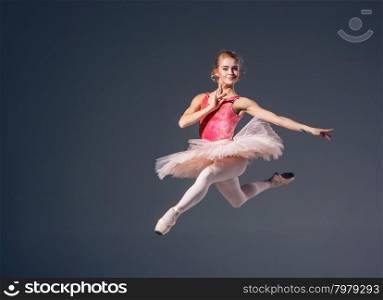 Beautiful female ballet dancer on a grey background. Ballerina is wearing pink tutu and pointe shoes. Beautiful female ballet dancer on a grey background. Ballerina is wearing pink tutu and pointe shoes.