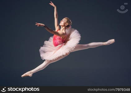 Beautiful female ballet dancer on a grey background. Ballerina is wearing pink tutu and pointe shoes. Beautiful female ballet dancer on a grey background. Ballerina is wearing pink tutu and pointe shoes.