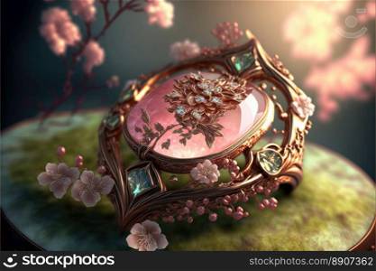 Beautiful female engagement ring with brocaded flowers. Pink and gold tones. blurred background. Generative AI