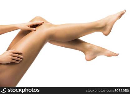 Beautiful female legs. Beautiful female legs touched by hand , isolated on white