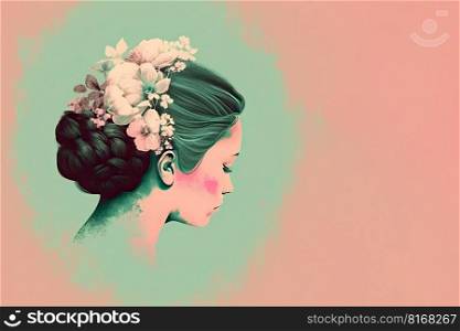 Beautiful female profile. Pretty woman with a cute hairstyle with flowers on a colored background. Generative AI