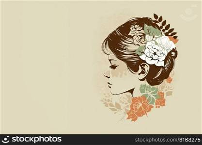 Beautiful female profile. Pretty woman with a cute hairstyle with flowers on a colored background. Generative AI