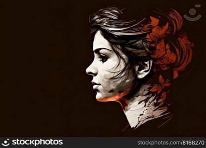 Beautiful female profile. Pretty woman with a cute hairstyle with flowers on a dark background. Generative AI