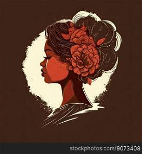 Beautiful female profile. Pretty woman with a cute hairstyle with flowers on a dark background. Generative AI