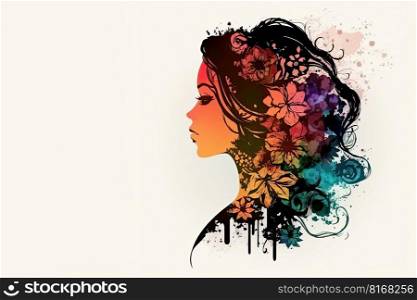 Beautiful female profile. Pretty woman with a cute hairstyle with flowers on a light background. Generative AI