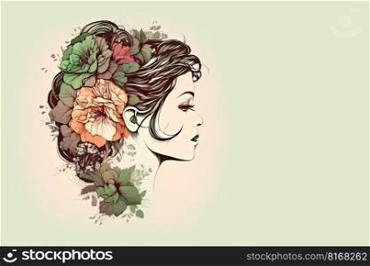 Beautiful female profile. Pretty woman with a cute hairstyle with flowers on a light background. Generative AI
