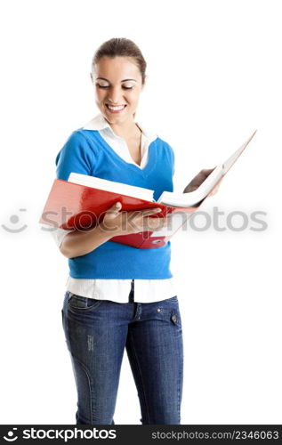 Beautiful female student isolated on white holding a folder