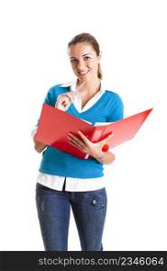 Beautiful female student isolated on white holding a folder