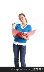 Beautiful female student isolated on white holding a folder