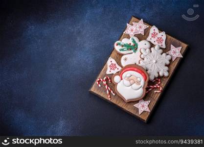 Beautiful festive Christmas gingerbread made by hand with decoration elements on a dark concrete background