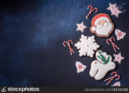 Beautiful festive Christmas gingerbread made by hand with decoration elements on a dark concrete background