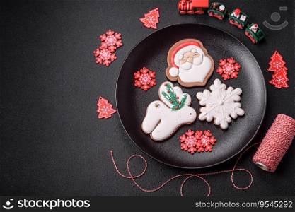 Beautiful festive Christmas gingerbread made by hand with decoration elements on a dark concrete background