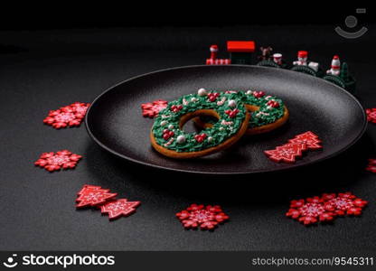 Beautiful festive Christmas gingerbread made by hand with decoration elements on a dark concrete background