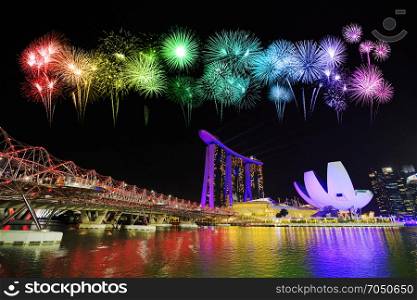 beautiful firework over cityscape of Singapore city