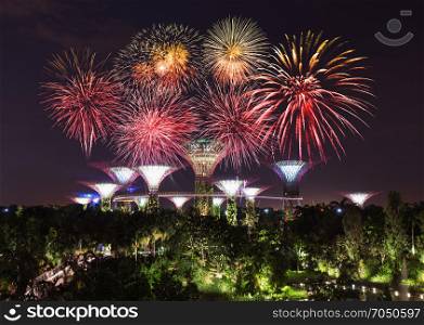 beautiful firework over Gardens by the bay with light at night, Singapore