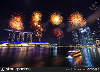 beautiful firework over marina bay at night, urban landscape of Singapore