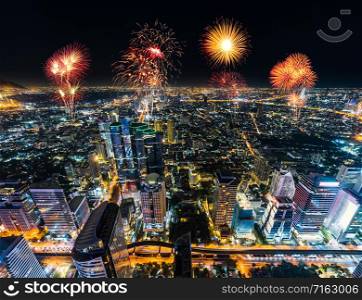 beautiful Fireworks celebrating over Bangkok cityscape at night, Thailand