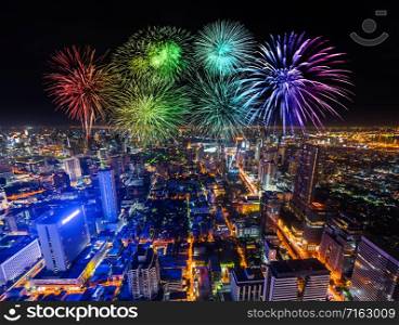 beautiful Fireworks celebrating over Bangkok cityscape at night, Thailand
