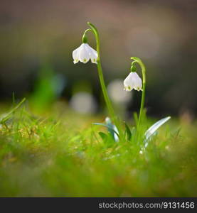 Beautiful first spring flowers in the forest. Nature and outdoor colorful background. Concept for spring time and environment.. 