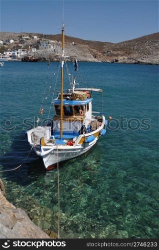 beautiful fishing boat at the bay of Pserimos island, Greece