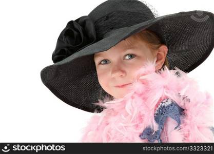 Beautiful five year old american girl in mom&acute;s dress and hat with pink feather boa over white.