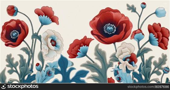 Beautiful floral botanical pattern with poppy flowers on white background. Spring concept. Generative AI