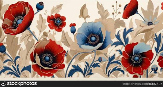 Beautiful floral botanical pattern with poppy flowers on white background. Spring concept. Generative AI