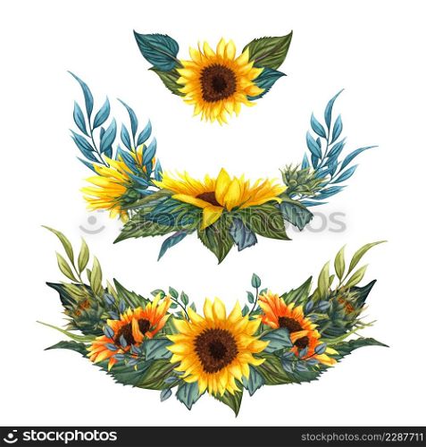 Beautiful floral collection with sunflowers bouquet, leaves, branches, fern leaves. Bright watercolor sunflowers composition set. wedding, invitation, template card, Birthday.