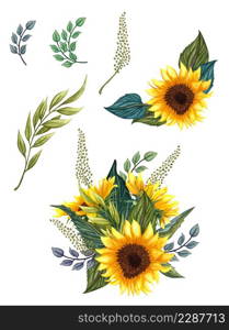 Beautiful floral collection with sunflowers bouquet, leaves, branches, fern leaves. Bright watercolor sunflowers composition set. wedding, invitation, template card, Birthday.