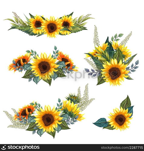 Beautiful floral collection with sunflowers bouquet, leaves, branches, fern leaves. Bright watercolor sunflowers composition set. wedding, invitation, template card, Birthday.