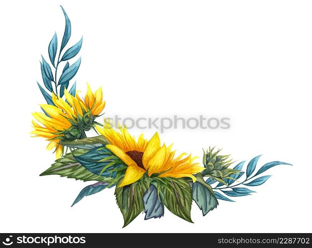 Beautiful floral collection with sunflowers,leaves,branches,fern leaves. Bright watercolor bouquet. wedding,invitation,template card,Birthday. Sunflowers bouquet