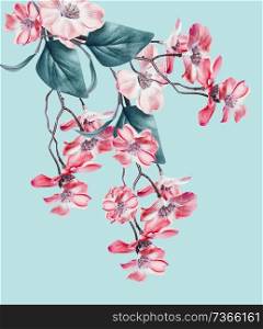 Beautiful floral composing with coral flowers blossom hanging branch on light turquoise. Floral layout 