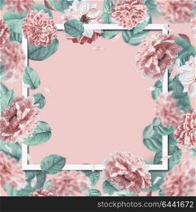 Beautiful floral frame with falling or flying pink flowers and leaves at pastel background. Creative layout with copy space for design