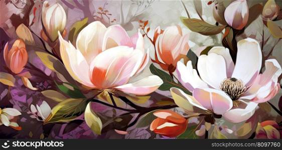 Beautiful floral pattern with magnolia flowers. Generative AI