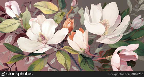 Beautiful floral pattern with magnolia flowers. Generative AI