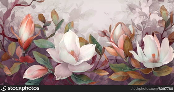 Beautiful floral pattern with magnolia flowers. Generative AI