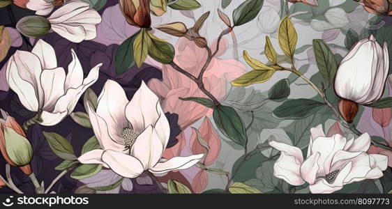 Beautiful floral pattern with magnolia flowers. Generative AI