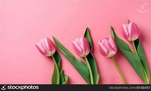 Beautiful floral set with spring tulip flowers on a pink background. Spring concept by generative AI