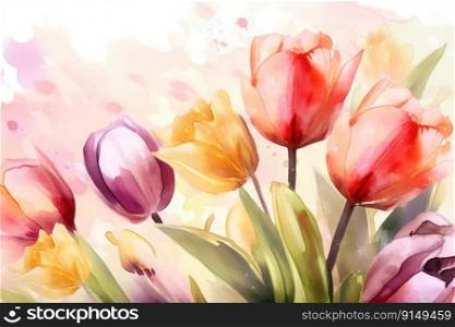 Beautiful floral set with watercolor spring tulip flowers. Spring concept by generative AI