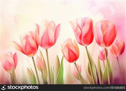 Beautiful floral set with watercolor spring tulip flowers. Spring concept by generative AI