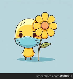 Beautiful flower and cute chick wearing a mask on a color background. Spring and allergy concept. Generative AI