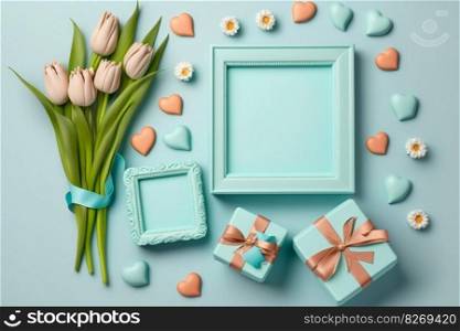 Beautiful flower arrangement. Pink flowers tulips, empty frame for text on a blue background, AI Generative